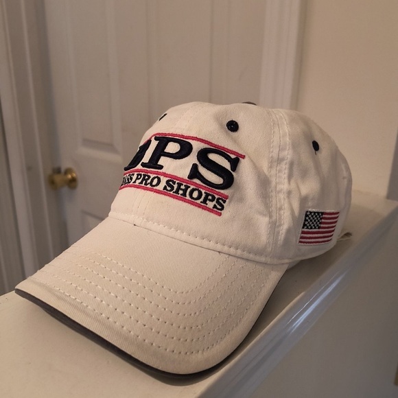 BPS Bass Pro Shops White, Blue and Red highlights and stitched adjustable Hat - Picture 2 of 5